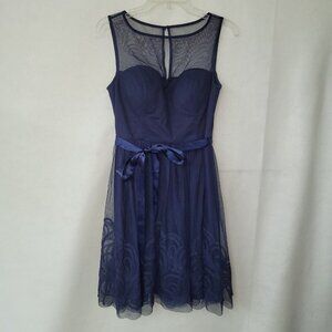 Eliza J‎ Dress Women M Blue Sheer Embroidered Lined Padded Ribbon Belt Fit&Flare